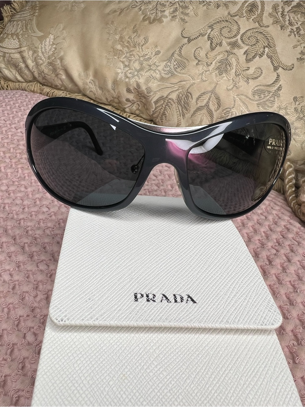 Prada SPR 10G Oversized Wrap Sunglasses Silver Logo Accents With Case NEW